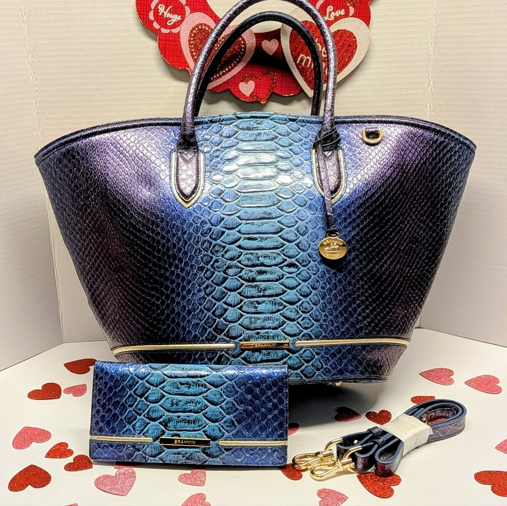 BRAHMIN Electric Blue Tote and Matching Wallet Set  BRAND NEW